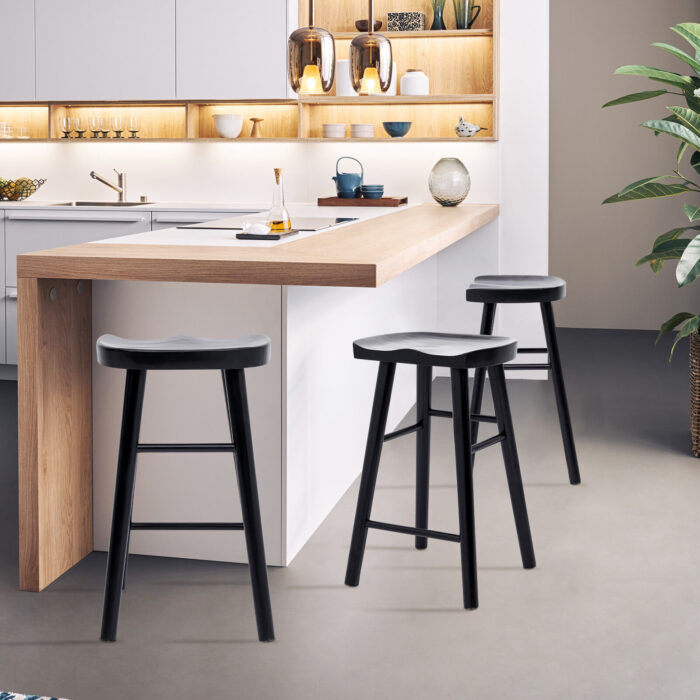 Frida Black Wooden Bar Stool Set, Pine Wood, Ergonomic, Preassembled, Scandinavian Style