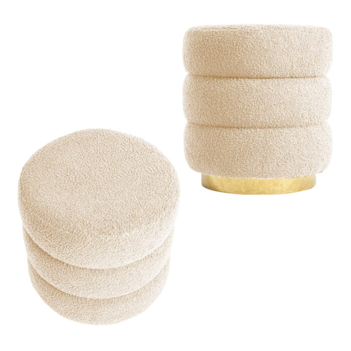 Beige Teddy Fleece Ottoman Stool Set, Gold Base