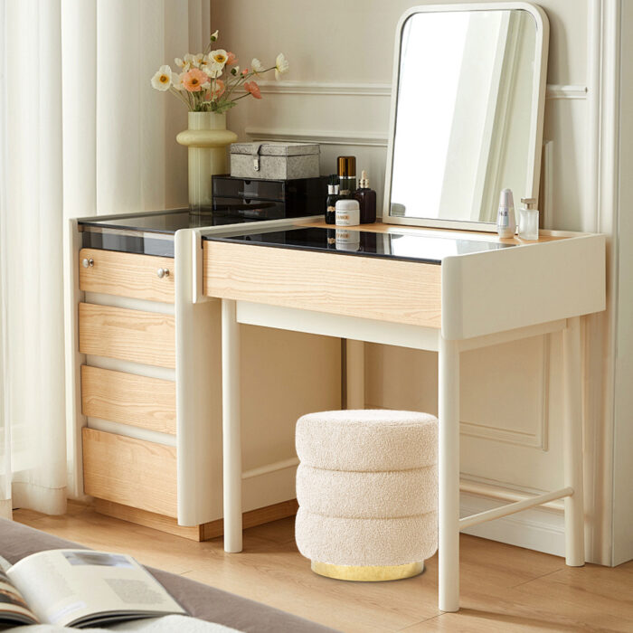 Beige Teddy Fleece Ottoman Stool Set, Gold Base, Stylish Modern Design, 38cm Diameter