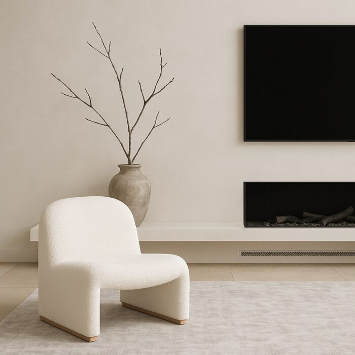 Sculptural White Boucle Armchair, minimalist design, plush comfort, versatile for any space.