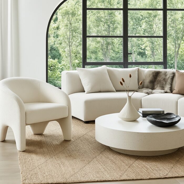 Nova Sculptural Chair, White Chenille, Curved, Padded, Compact