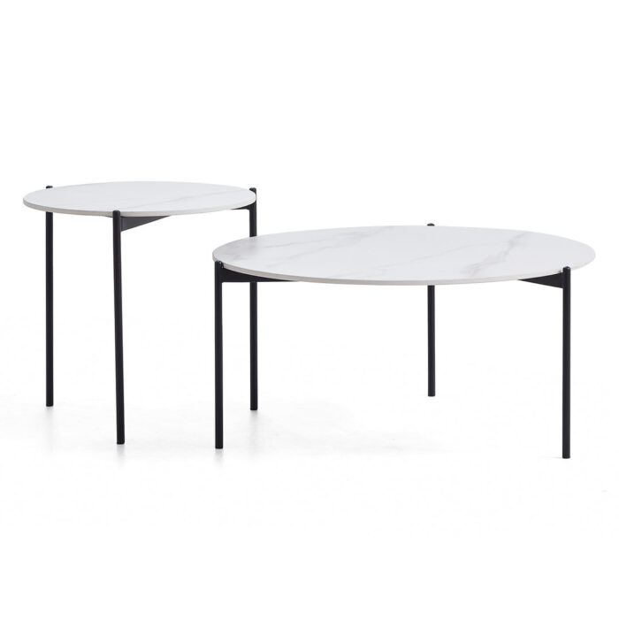 Bianco nested coffee tables, white sintered stone, black legs, set of 2