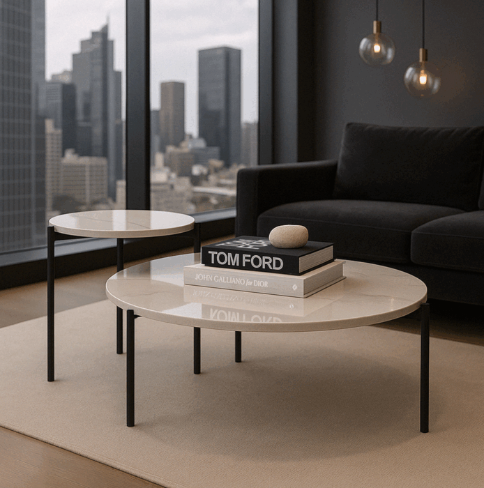 Bianco nested coffee tables, white sintered stone, black legs, set of 2