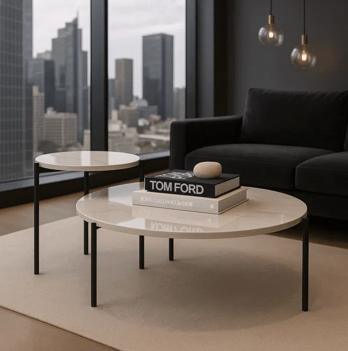 Bianco nested coffee tables, white sintered stone, black legs, set of 2