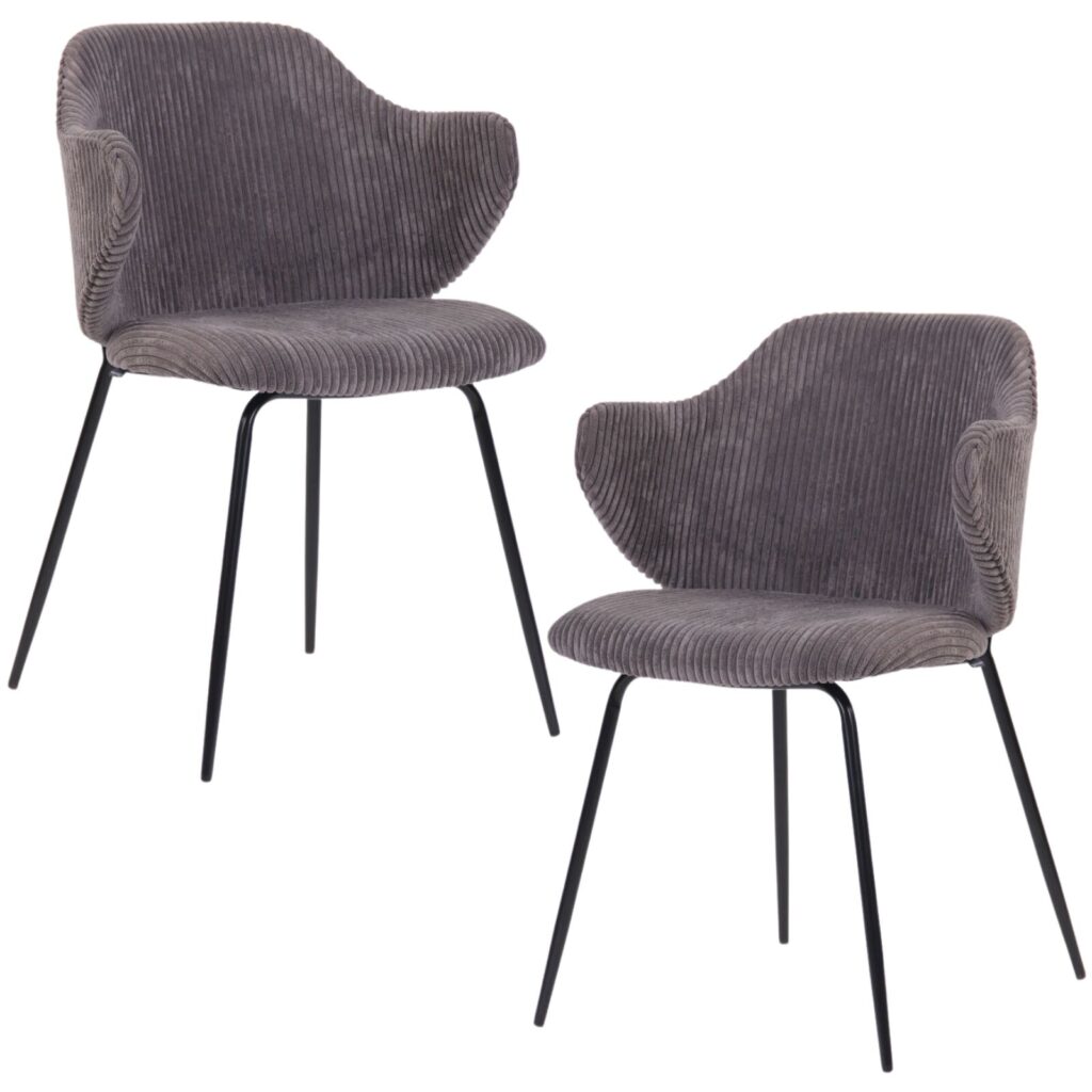 Corduroy dining chairs, dark grey, set of 2, modern design, black legs, comfortable seating, easy assembly