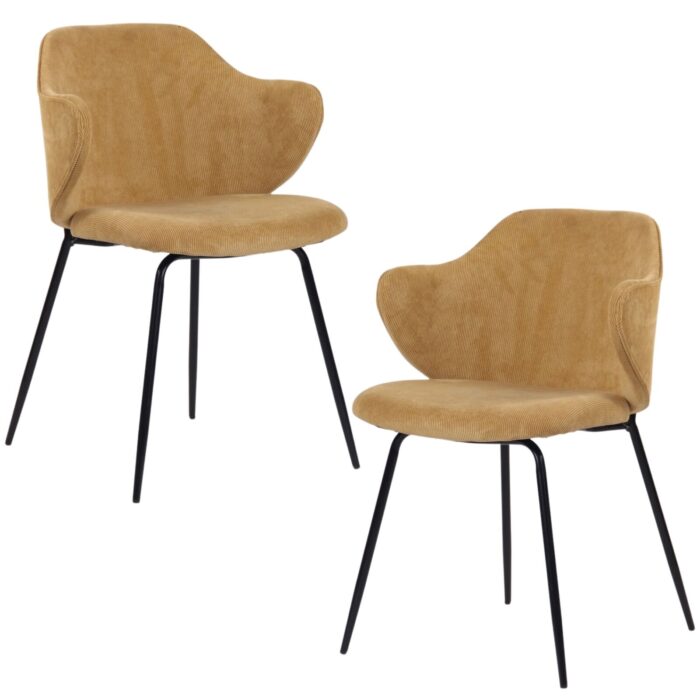 Mustard yellow corduroy dining chairs with metal legs, set of 2, modern design