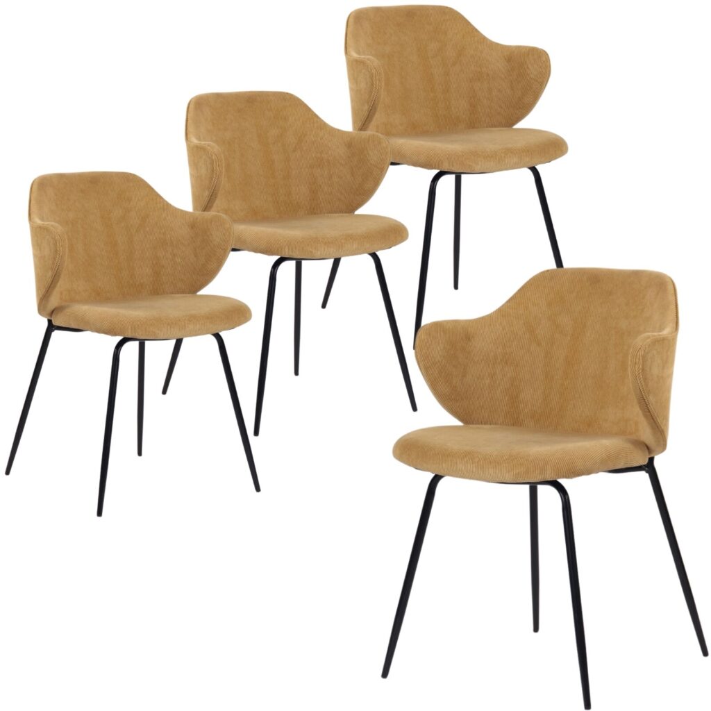 Mustard yellow corduroy dining chairs set, modern design, black legs, ergonomic, for various spaces