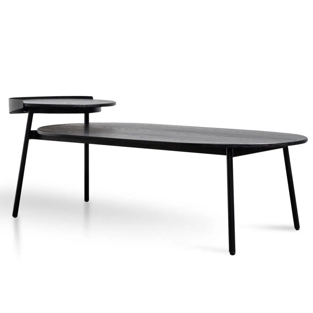Modern black veneer coffee table, sleek design, sturdy metal frame, minimalist centerpiece