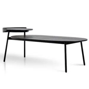 Modern black veneer coffee table, sleek design, sturdy metal frame, minimalist centerpiece