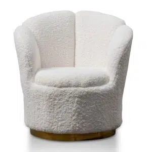 Elegant white lounge chair with brass base, modern design, plush upholstery, perfect for living spaces.