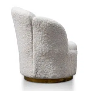 Elegant white lounge chair with brass base, modern design, plush upholstery, ideal for living spaces.