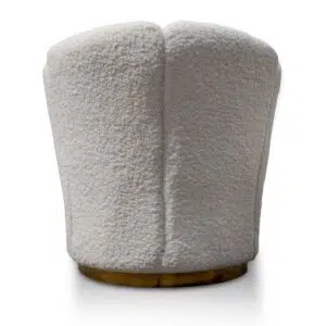Elegant white lounge chair with brass base, modern design, plush seating, perfect for living spaces.