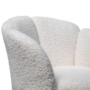 Elegant white lounge chair with brass base, modern design, plush upholstery, perfect for living spaces.