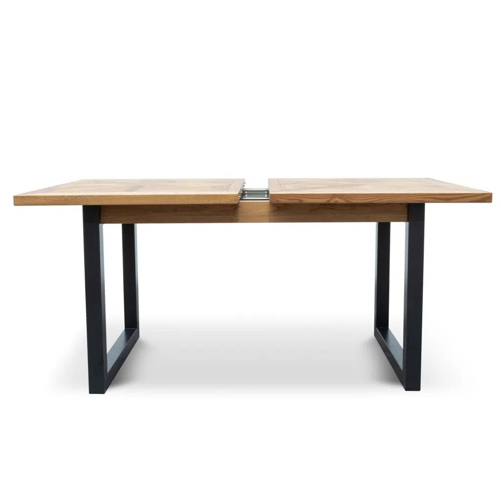 Extendable dining table, European oak, black steel legs, adjustable size, seats 4-6, modular design