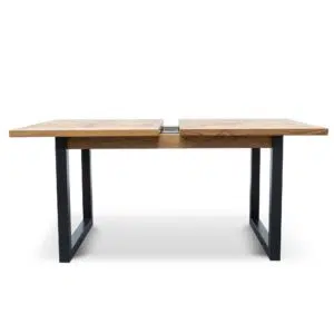 Extendable dining table, European oak, black steel legs, adjustable size, seats 4-6, modular design
