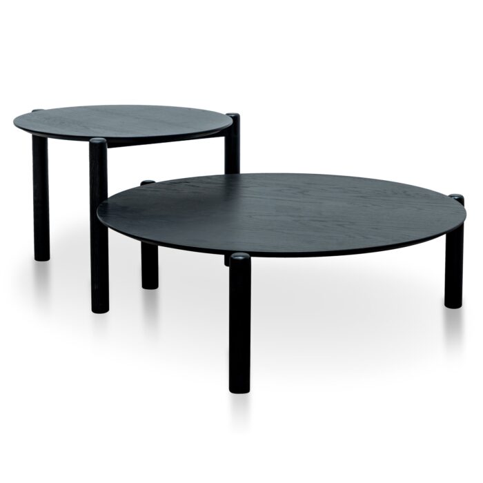 Sleek Scandi black nest coffee tables, 2-tier, versatile sizes, durable MDF construction, minimalist design.