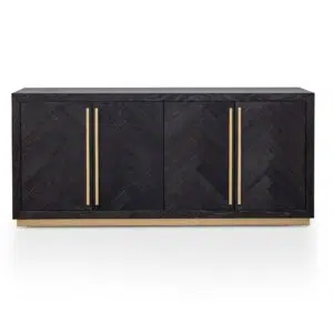 Elegant Inez Wide Sideboard, black with brass accents, spacious storage, herringbone finish.