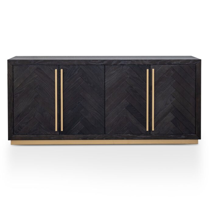 Elegant Inez Wide Sideboard, black with brass accents, spacious storage, herringbone finish.
