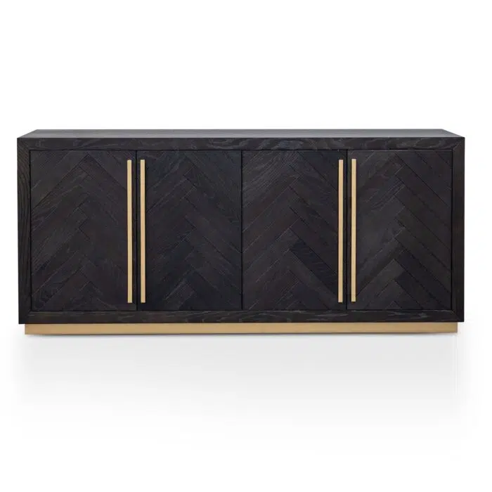 Elegant Inez Wide Sideboard, black with brass accents, spacious storage, herringbone finish.