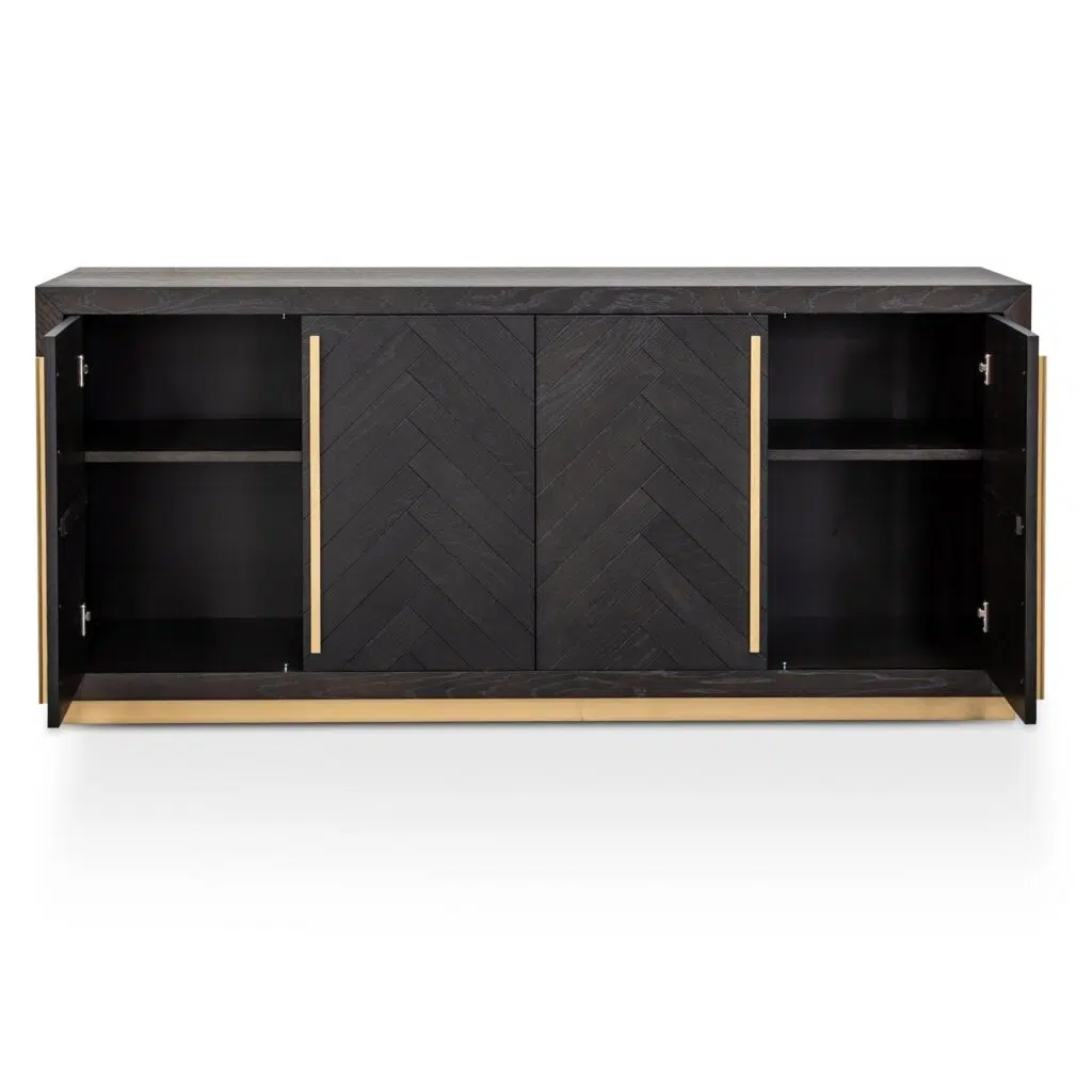 Elegant Inez Wide Sideboard, black with brass accents, spacious storage, herringbone finish.
