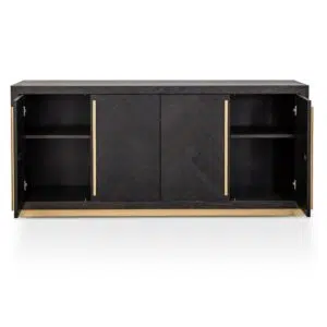 Elegant Inez Wide Sideboard, black with brass accents, spacious storage, herringbone finish.