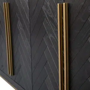 Elegant Inez Sideboard, black with brass accents, spacious storage, herringbone finish.
