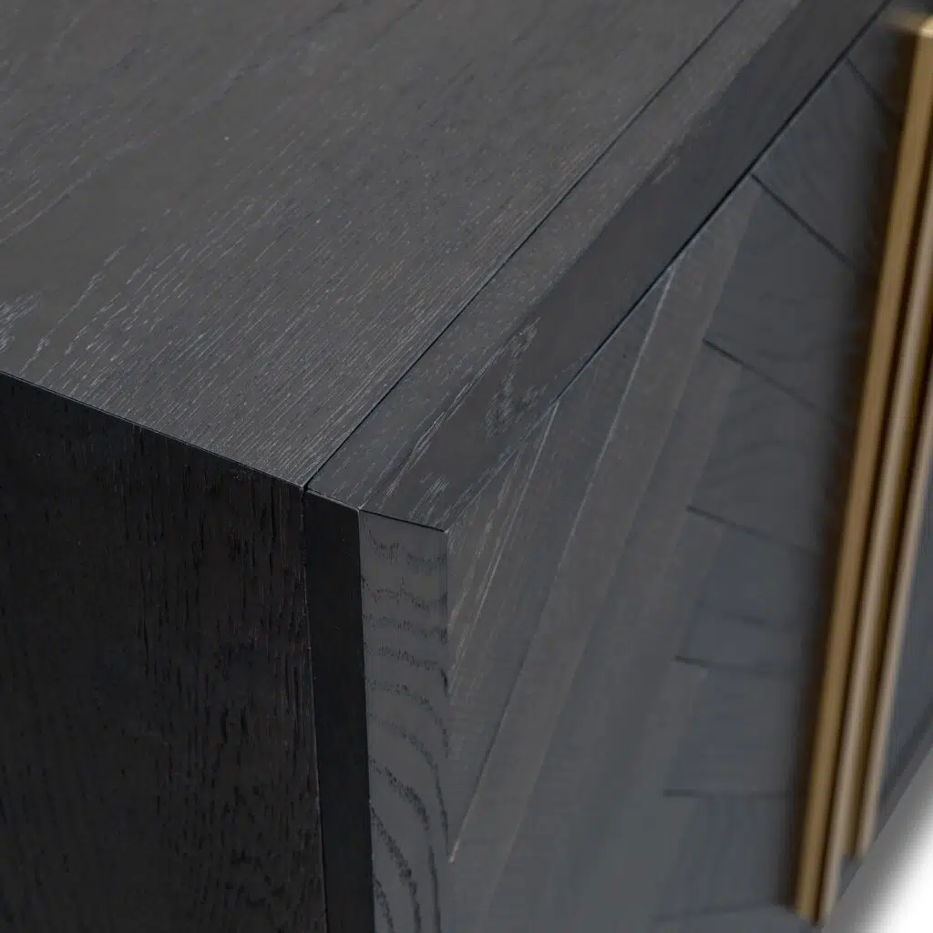 Elegant Inez Wide Sideboard, black with brass accents, spacious storage, herringbone finish.