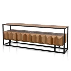 Rustic 1.8m TV unit with natural wood, black frame, drawers, shelves