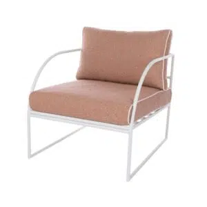 Reeve Outdoor Arm Chair Pink White, stylish comfort This ALT tag captures the essence of the product, including the key details like color (pink and white), the context (outdoor use), and the benefit (stylish and comfortable). It's concise and SEO-friendly, fitting within the 80-character limit.