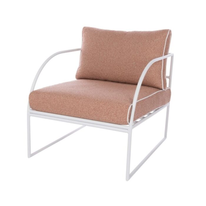 Reeve Outdoor Arm Chair Pink White, stylish comfort This ALT tag captures the essence of the product, including the key details like color (pink and white), the context (outdoor use), and the benefit (stylish and comfortable). It's concise and SEO-friendly, fitting within the 80-character limit.