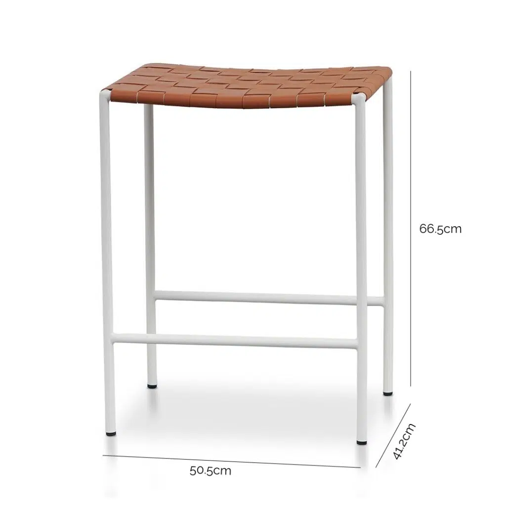 Lys white frame bar stools with tan leather seats, set of 2, modern design, durable steel, woven leather, slim legs, 150kg capacity.