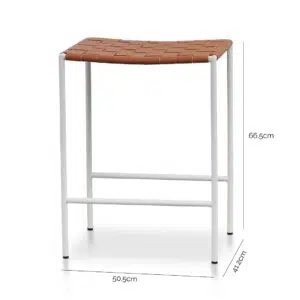 Lys white frame bar stools with tan leather seats, set of 2, modern design, durable steel, woven leather, slim legs, 150kg capacity.