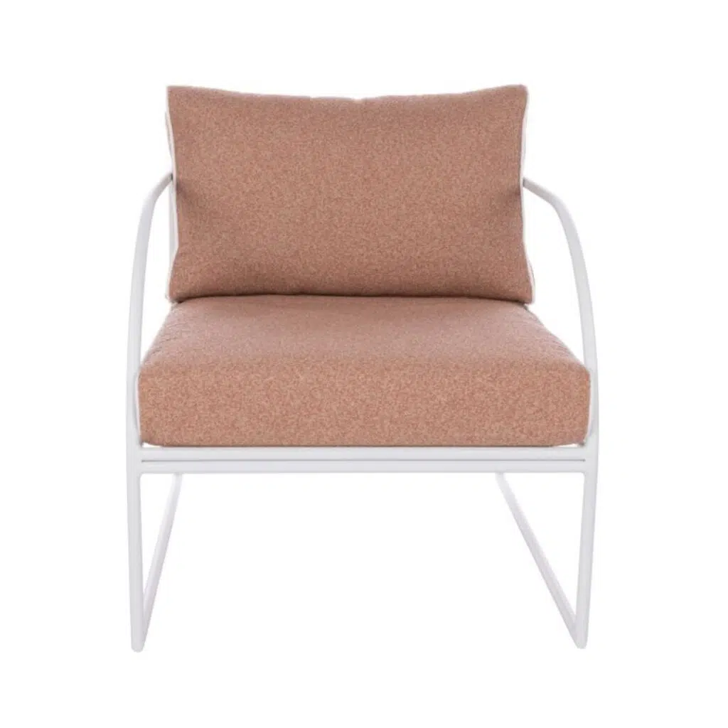 Reeve Outdoor Arm Chair Pink White, stylish minimal frame, comfy cushions, elevate outdoor living.