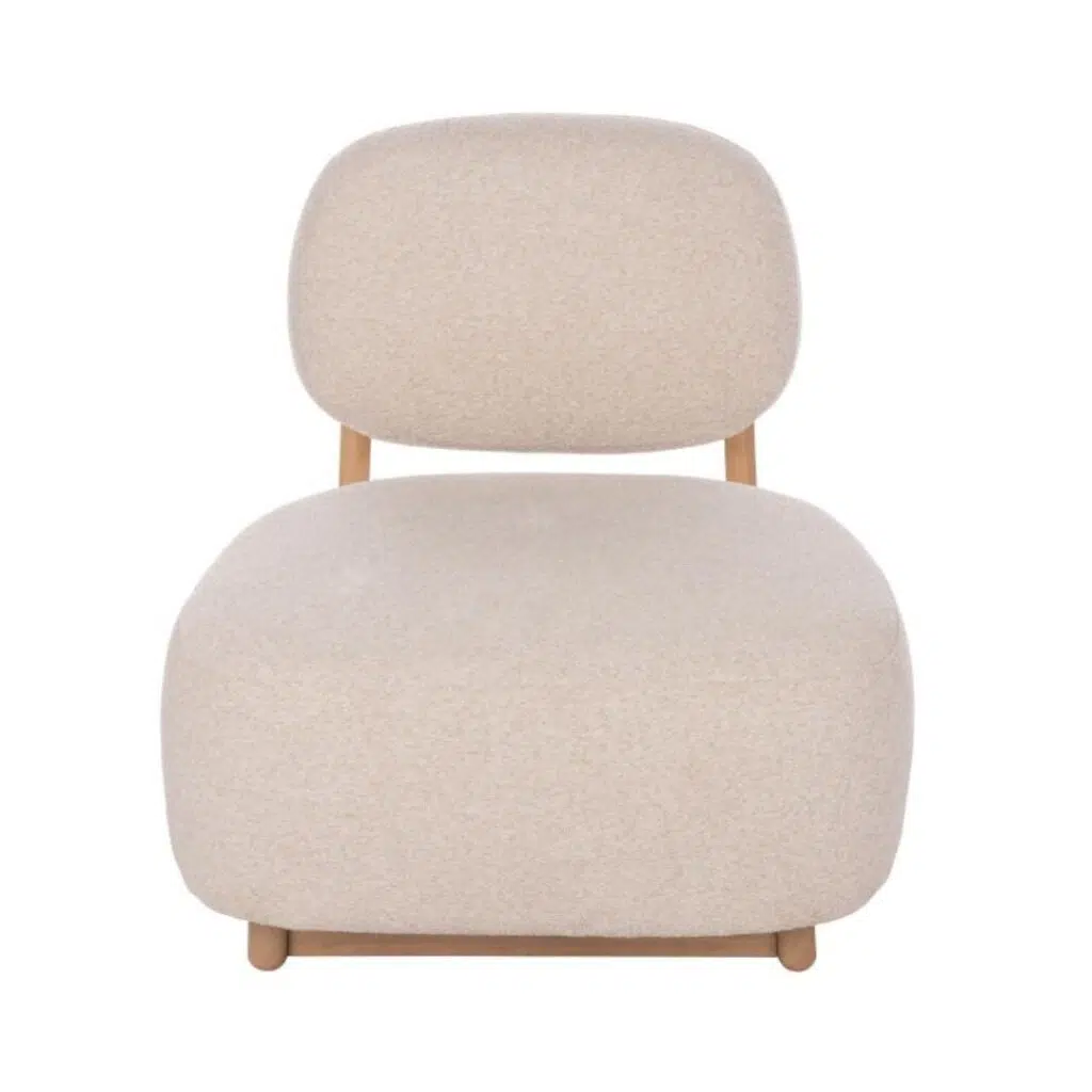 Tatum Armchair Off White, cozy boucle, sleek timber frame, outdoor luxury retreat
