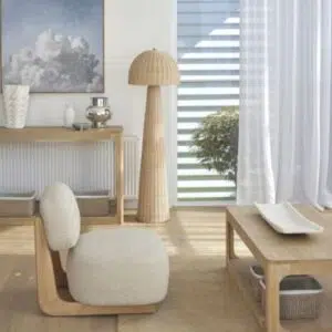 Tatum Armchair Off White, cozy textured boucle, modern timber frame, outdoor luxury retreat.