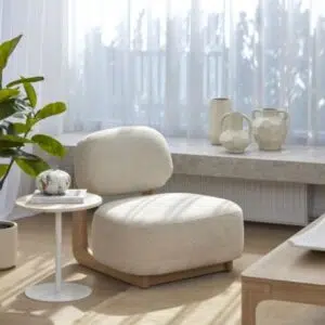 Tatum Armchair Off White, cozy boucle, timber frame, outdoor luxury