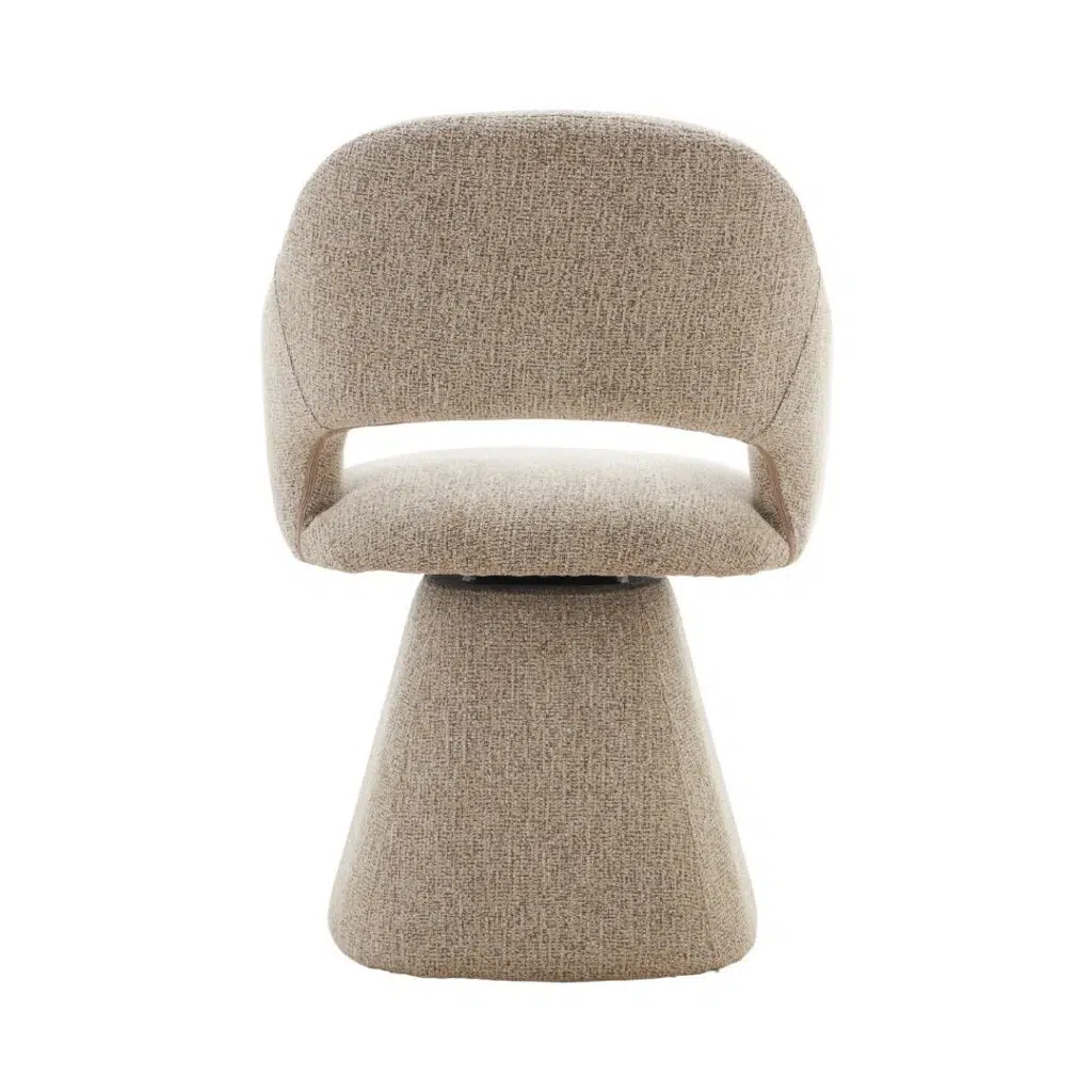 Elegant minimalist swivel dining chair, desert taupe, padded cushions, durable steel frame, versatile style.
