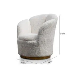 Elegant white lounge chair with brass base, modern design, plush upholstery, ideal for living spaces.