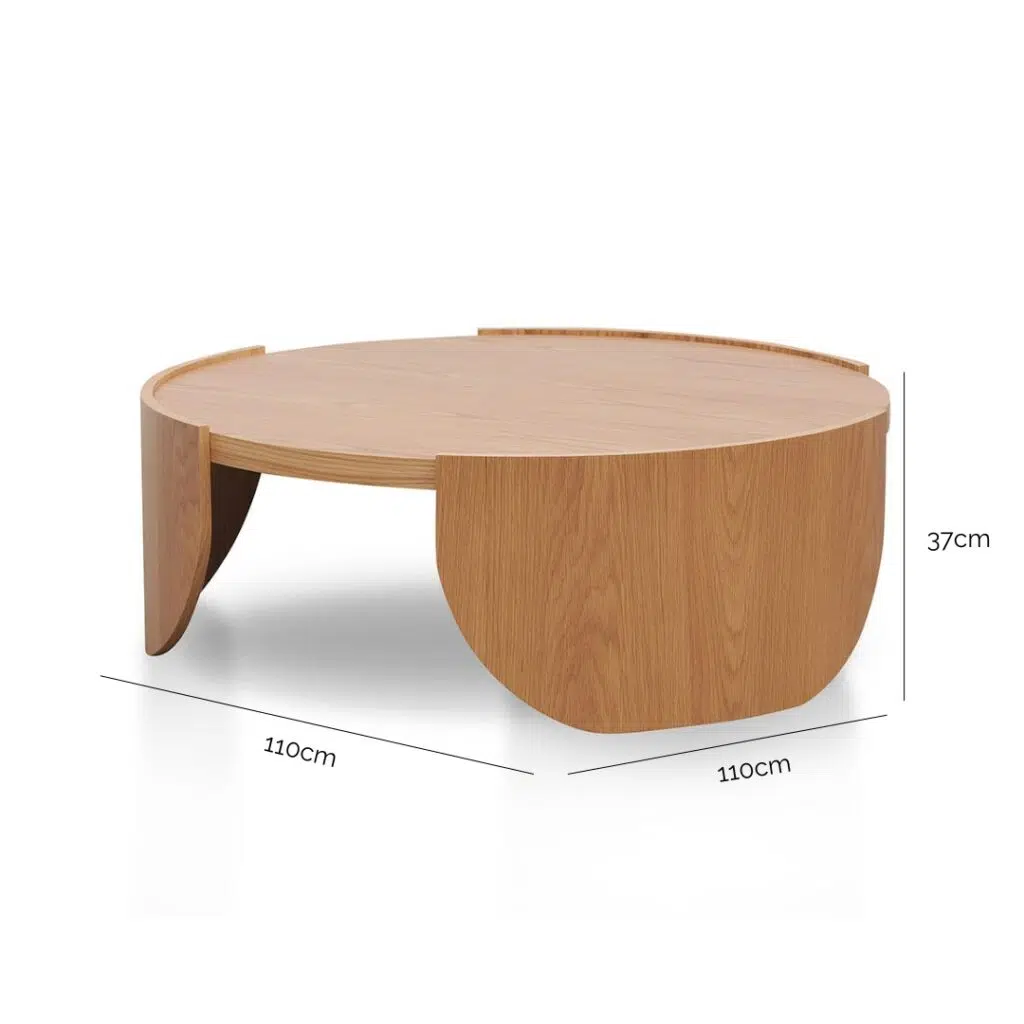 Eli 1.1m Round Coffee Table Natural Veneer Modern Sleek Design Stable Tri-base MDF Construct