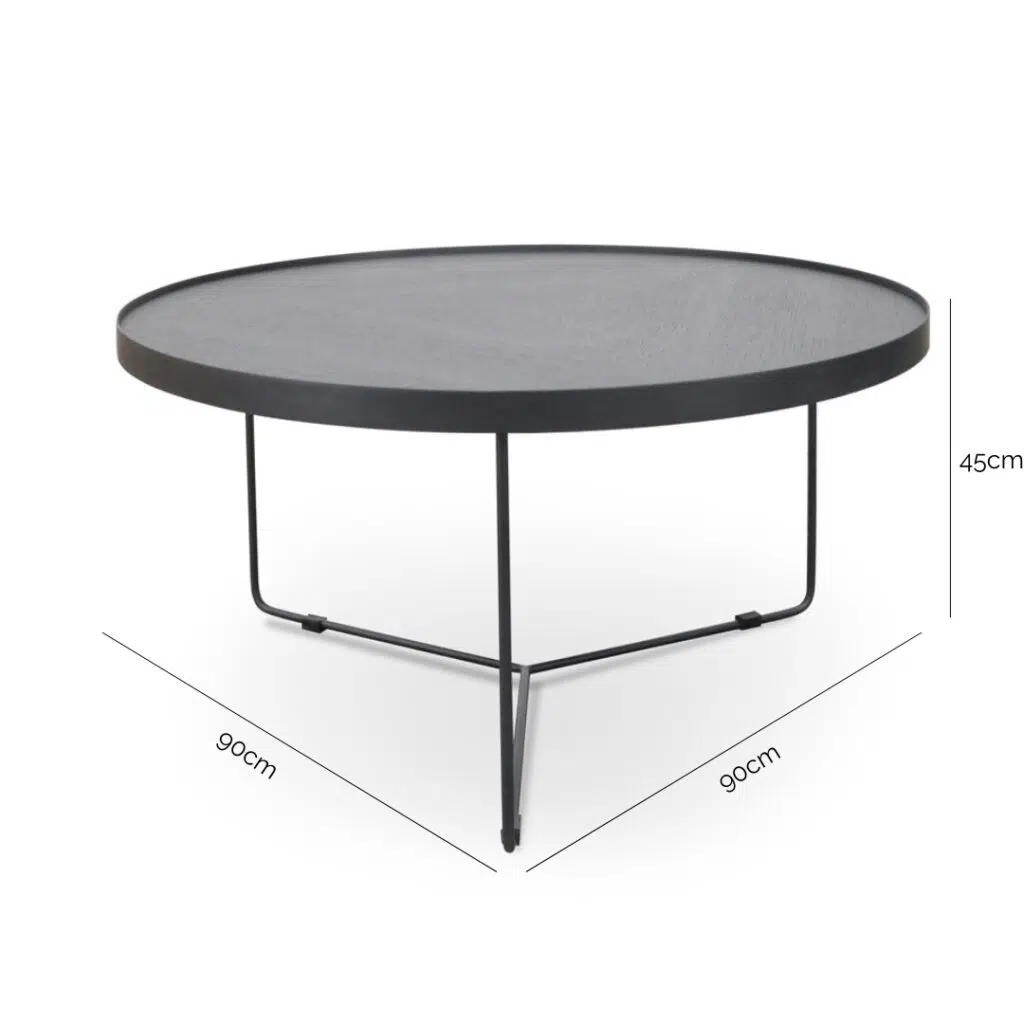 Black Oak 90cm Round Coffee Table, Matte Finish, Sleek Black Frame