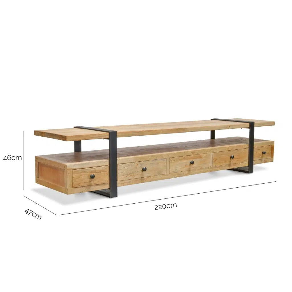 Industrial TV unit, 2.2m, reclaimed elm, metal accents, spacious, easy assembly