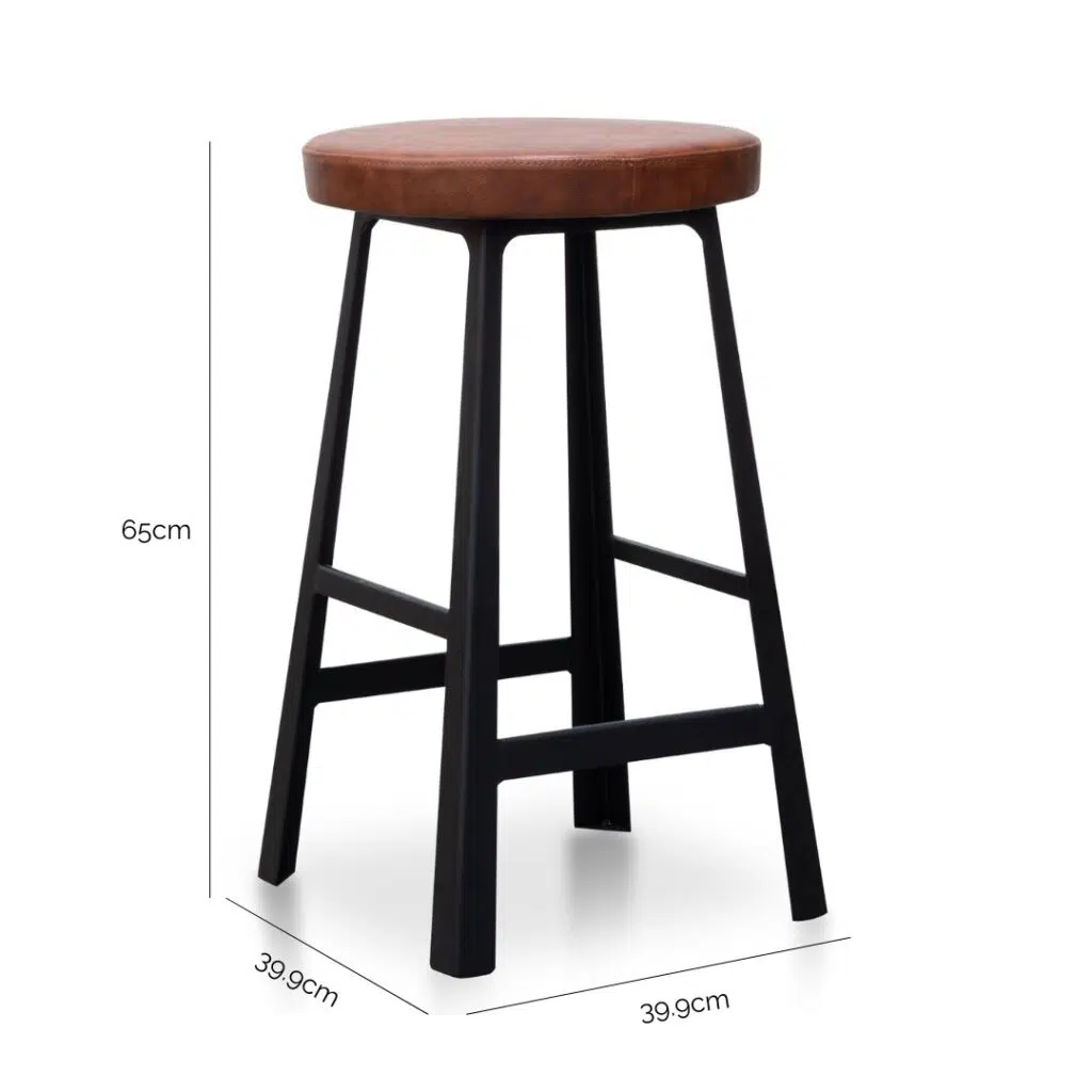 Rustic 65cm Bar Stool, Brown PU Leather, Black Legs