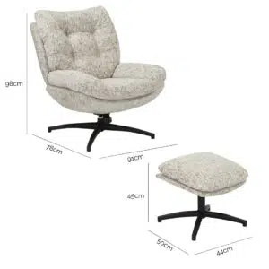 Modern accent chair with footstool, swivel, tilt, sand color, polyester fabric, high-density foam, easy assembly.