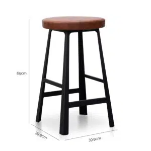 Rustic 65cm Bar Stool, Brown PU Leather, Black Legs