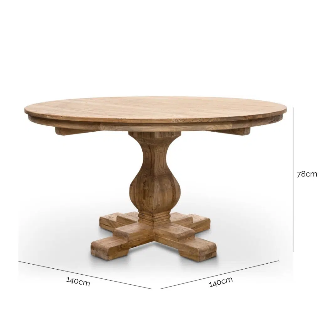 Rustic 140cm Round Dining Table, Reclaimed Elm, Vintage Style
