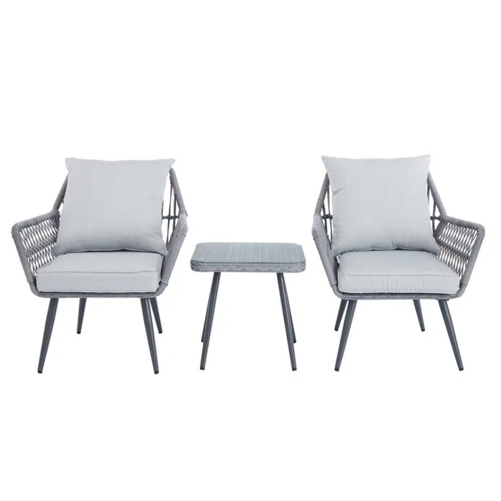 Isaac 3-piece outdoor lounge set for small balcony patio, space-saving durable PE rattan chairs table (72 chars)