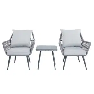 Isaac 3-piece outdoor lounge set for small balcony patio, space-saving durable PE rattan chairs table (72 chars)