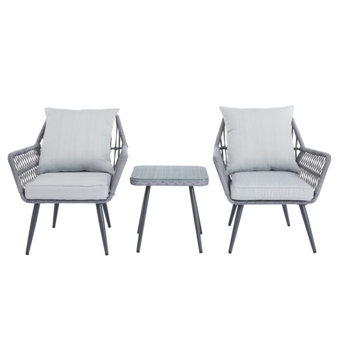 Isaac 3-piece outdoor lounge set for small balcony patio, space-saving durable PE rattan chairs table (72 chars)