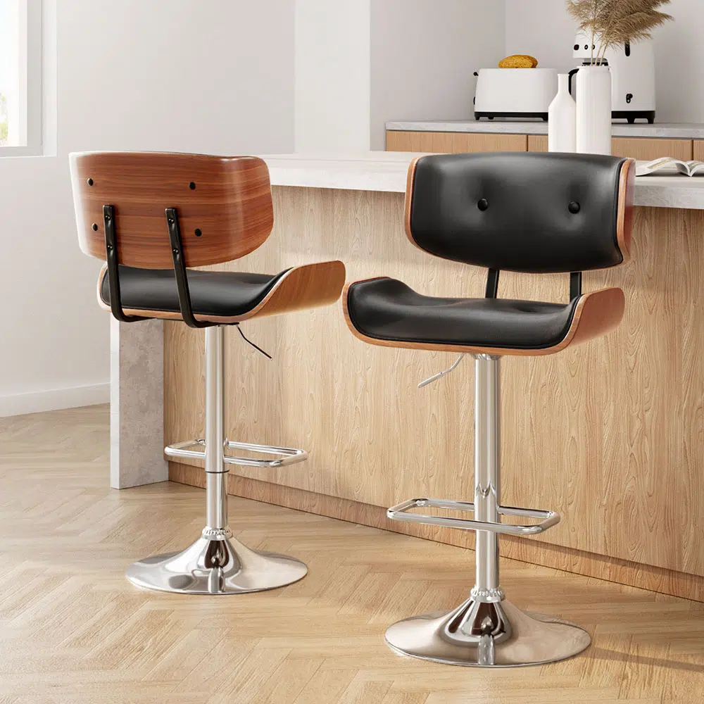 Ethan Black Leather Bar Stool Set, Adjustable, Swivel, Chrome Lift, Wooden Frame