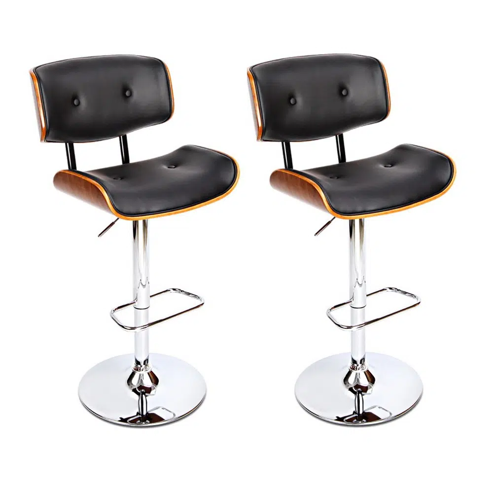 Ethan Black Leather Bar Stool Set, Adjustable, Swivel, Chrome Lift, Wooden Frame